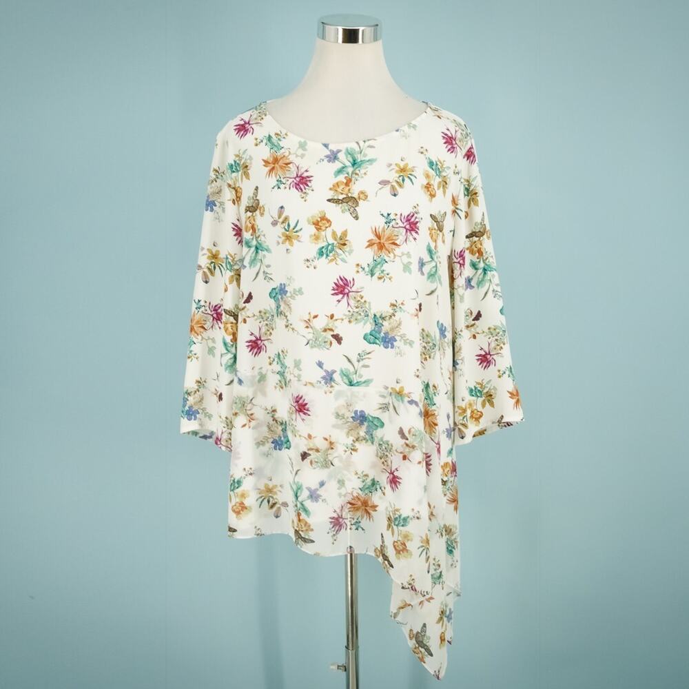 Chico's 3 Size XL Floral Butterfly Print 3/4 Sleeve Asymmetrical Hem Tunic Top